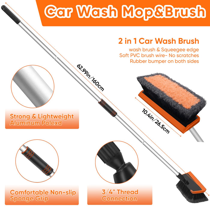 Wontolf 62'' Car Wash Brush with Long Handle, Scratch-Free Soft Bristles Sturdy Car Wash Mop, Complete Cleaning Brush Kit Wash Mitt Towel Windshield Squeegee Wheel Tire Brush for Car Truck RV Orange