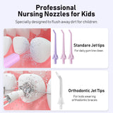 Kids Water Flosser Deep Cleaning Picks, Portable, 4 Modes for Ages 6+ Safe Waterproof Flosser Rechargeable with 4 Jet Tips for Gums Care F5023 Pink Purple