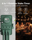 BN-LINK 7 Day Heavy Duty Outdoor Digital Stake Timer, 6 Outlets, Weatherproof, Perfect for Outdoor Lights, Sprinklers, Christmas Lights