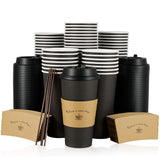 LITOPAK 50 Pack 20 oz Paper Coffee Cups, Drinking Cups for Hot Coffee Chocolate Drinks, Disposable Coffee Cups with Lids, Sleeves. and Stirring Sticks, Black Hot Coffee Cups for Home and Cafes