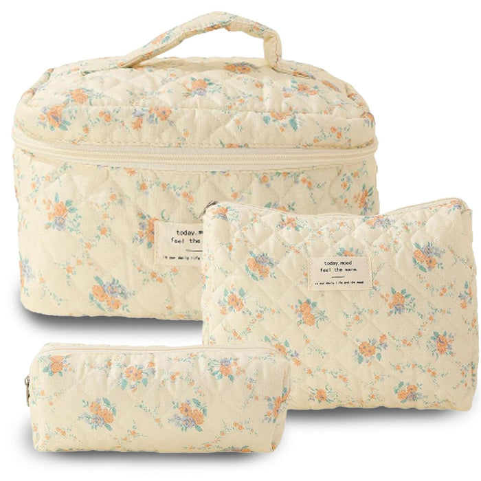 Aiyify Makeup Cosmetic Bag 3 Pcs Cotton Quilted Makeup Bag Coquette Aesthetic Floral Toiletry Bag for Women (3PCS-D)