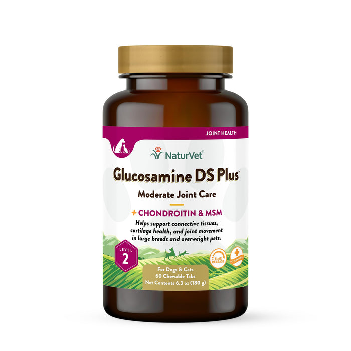 NaturVet Glucosamine DS Plus Level 2 Moderate Care Joint Support Supplement for Dogs and Cats, Chewable Tablets Time Release, Made in The USA, 60 Count