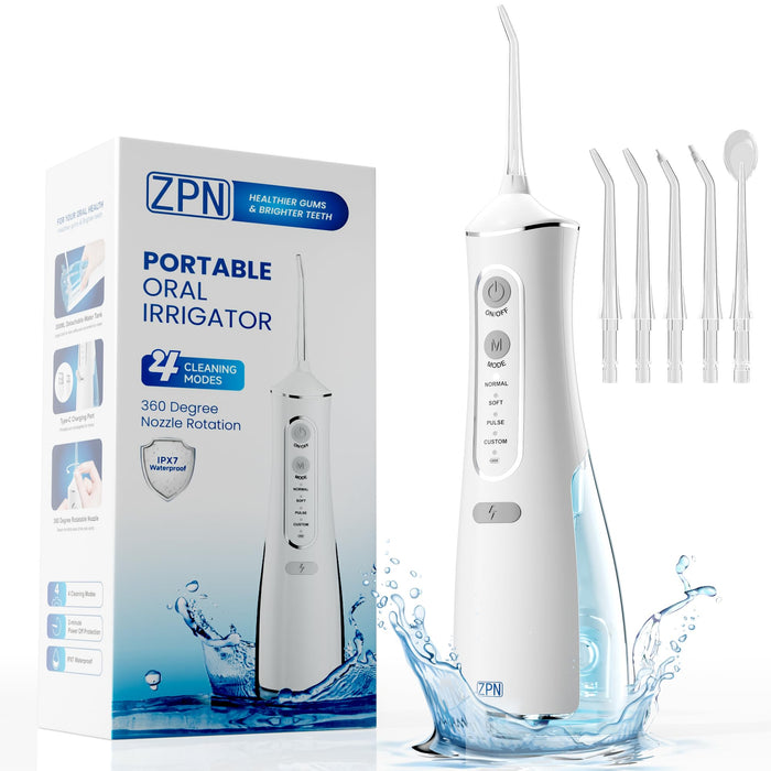 ZPN Water flosser for Teeth Cleaning and Flossing with 5 Replaceable Jet Tips, IPX7 Waterproof Water Flosser Portable and Rechargeable for Home and Travel with 4 Modes Normal/Soft/Pulse/Custom (White)