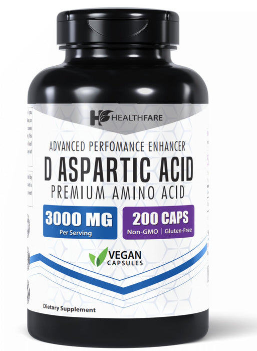 Healthfare D-Aspartic Acid 3000mg | 200 Capsules | Premium Amino Acid Supplement | Non-GMO | Gluten-Free