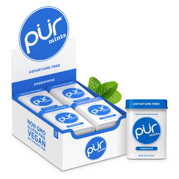 PUR Aspartame Free Mints, Made with Xylitol, Sugar Free, Vegan, Gluten Free and Keto Friendly, Natural Peppermint Flavoured Mints, 30 Pieces, Pack of 12