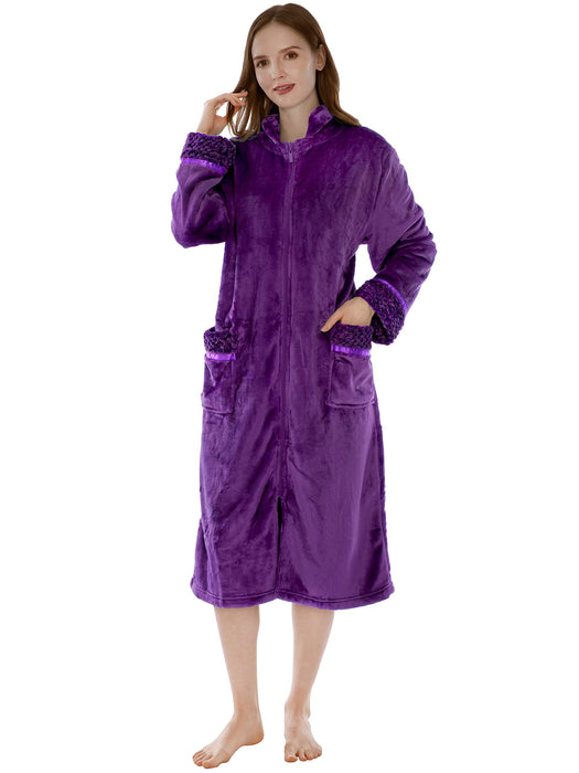 PAVILIA Womens Housecoat Zip Robe, Fleece Zip Up Front Robe Bathrobe, Plush Warm Zipper House Coat Lounger for Women Ladies Elderly with Satin Trim, Pockets, Long Plus Size - Purple (2x/3x)