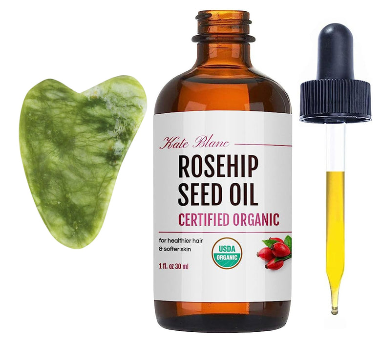 Rosehip Oil for Face & Skin with Gua Sha Stone Kit (1oz)- Kate Blanc Cosmetics. USDA Organic Rosehip Seed Oil for Gua Sha Massage & Face Oil. 100% Pure & Cold Pressed Rose Hip Oil