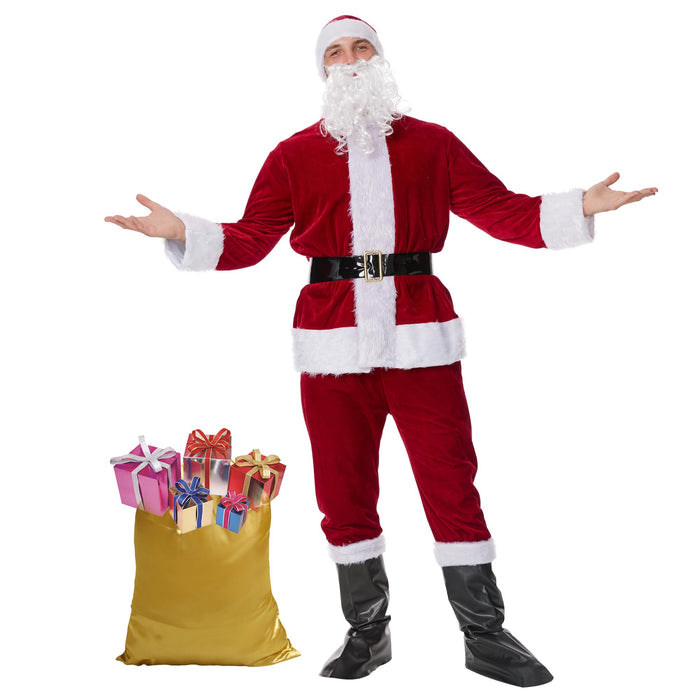 muyulin Men's Santa Claus Costume Adults Suit 7 Pcs, Deluxe Velvet Large Santa Outfits for Christmas, Cosplay Party, with hats, beard, belt