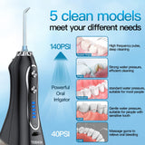 TEBIKIN Portable Cordless Water Dental Flosser, 5 Modes 5 Jet Tips Oral Water Flossers for Teeth Cleaning, IPX7 Waterproof 2500mAh Rechargeable 300ml Water Tank for Family Travel