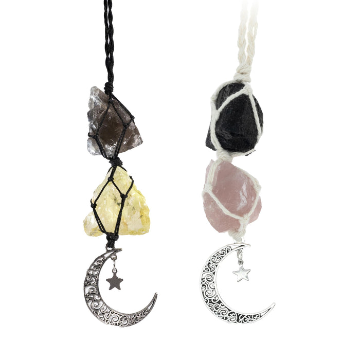 BOHO GARDEN Hanging Car Charm - 2-Pack Black Tourmaline & Rose Quartz + Smoky Quartz + Citrine - Dangling Moon & Healing Crystal Accessories, Rearview Mirror Decorations – Protection, Energy