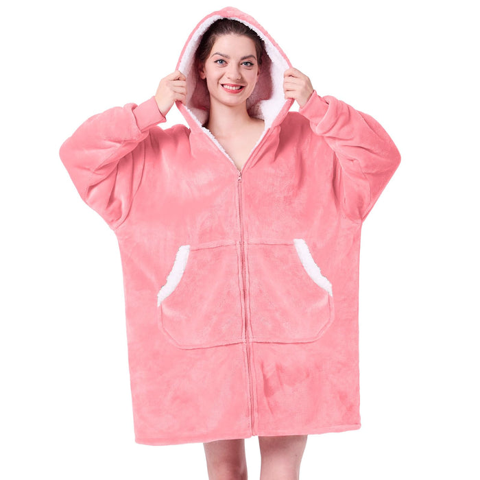 JOYWOO Pink Wearable Blanket Hoodie, Oversized Birthday Gifts for Girlfriend, Hooded Blanket Christmas Gifts for Girls Women, Cozy Fuzzy Sherpa Sweatshirt Blanket with Giant Pocket and Zipper, Pink