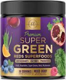 Super Greens Powder, Green Drink Smoothie Mix with 20+ Superfoods for Energy Support, Spirulina, Chlorella, Mushrooms, Antioxidants & Digestive Enzymes, Vegan Green Superfood Powder - 30 Servings