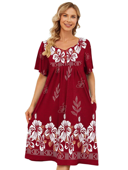 Moo Moos for Women Nightgown House Dresses for Elderly Short Sleeve House Dress for Women Nightgown Mumu Dresses Summer Lounge Dresses Duster Housecoats Mumu Patio Dress Florar Sleepwear Wine Red S