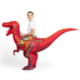 Spooktacular Creations Kids Halloween Inflatable Dinosaur Costume, LED Light Eyes Ride-on T-rex Costume, Riding a Red Raptor Digital Printing Air Blow Up Halloween Costumes, (S Red)