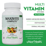 Maxi Health Complete Once Daily Vitamins for Men & Women - Multivitamin for Women & Men with Iron Vitamin A B1 B2 B3 B6 B12 C D3 E Zinc (90 Tablets)