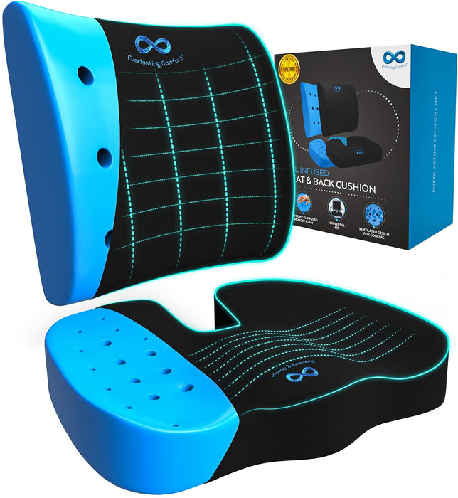 Everlasting Comfort Lumbar Support & Office Chair Cushion Combo - Gel Memory Foam Chair Cushions for Desk, Car Seat, Travel - Back and Coccyx Support