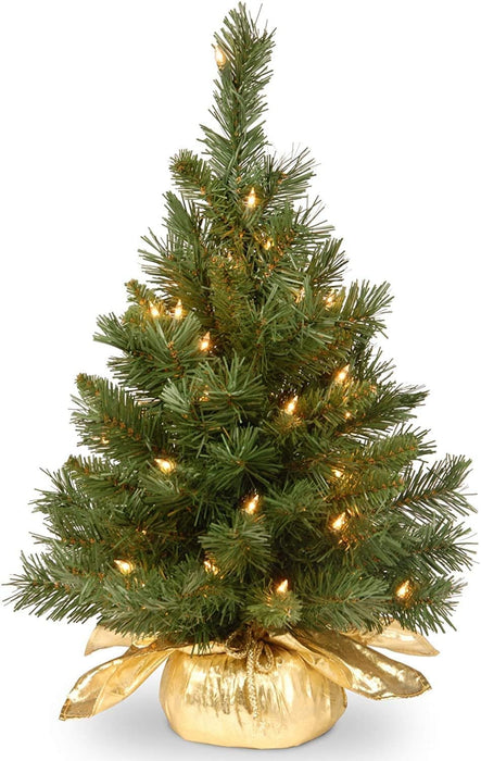 National Tree Company Pre-lit Artificial Mini Christmas Tree | Includes Small Lights and Cloth Bag Base | Majestic Fir - 2 ft