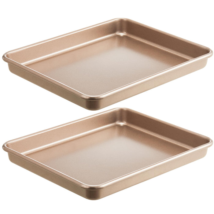 HONGBAKE 2 Pack 11 x 9 Inch Toaster Oven Pans and Trays, Small Baking Sheet Set for Cooking, Non-Stick Cookie Sheets, Heavy-Duty 0.8mm Thick, Easy to Clean, 1.26 Inch Deep, Gold