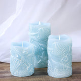 Silverstro Ocean Flameless Candles Remote: Carved Seashell Real Wax Flicker Battery Operated Candles for Home Party Wedding Christmas Nautical Summer Decor - Set of 3(Blue)