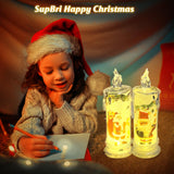 SupBri Christmas Flameless White Candles with Santa Claus, Snowman,Decals Set of 4, Battery Operated Christmas Themed LED Pillar Candles for Festival Christmas Decorations