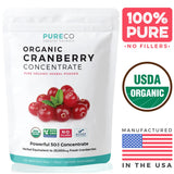 PURE CO USDA Organic Cranberry Concentrate (50:1) Powder - 500mg is Equivalent to 25,000mg of Fresh Cranberries - for Kidney Cleanse & UTI Support Vitamins - Women - Supplement - 100 Servings - No Pills