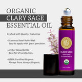 Organic Clary Sage Essential Oil Roll On, 100% Pure USDA Certified Aromatherapy for PMS, Stress & Mental Clarity - 10 ml Roller by Silk Road Organic - Always Pure, Always Organic