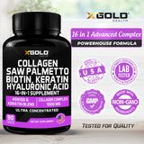 Collagen, Saw Palmetto, Biotin, Keratin, Keratin & Hyaluronic Acid - 16-in-1 Beauty Supplement with Vitamin C & E, Collagen Complex, Keratin Blend & HSN100 - Hair, Skin & Nail Growth - 90 Capsules