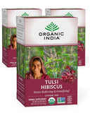 Organic India Tulsi Hibiscus Herbal Tea - Stress Relieving & Gratifying, Immune Support, Adaptogen, Vegan, USDA Certified Organic, Non-GMO, Calming, Caffeine-Free - 18 Infusion Bags, 3 Pack