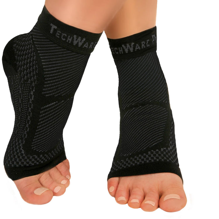 TechWare Pro Ankle Brace Compression Sleeve - Relieves Achilles Tendonitis, Joint Pain. Plantar Fasciitis Foot Sock with Arch Support Reduces Swelling & Heel Spur Pain. (Black/Black, S/M)