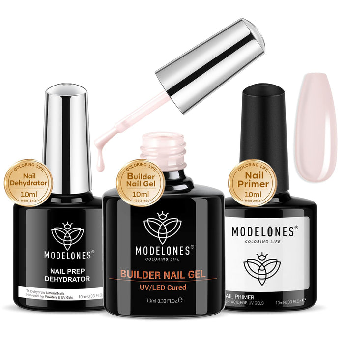 modelones Nail Thickening Solution, Nail Dehydrator and Primer with Builder Nail Gel, 3Pcs Cover Nude Pink LED Gel Builder Polish Base Coat Prep Dehydrate & Bond Primer for Apex Building 10ml