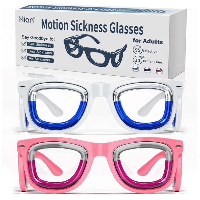 Hion 2 Pairs Adult Anti- Motion Sickness Smart Glasses, Ultra-Light Portable Nausea Relief Liquid Glasses, Carsickness Airsickness Seasickness Glasses, Kids Travel/Cruise Essentials（White+Pink