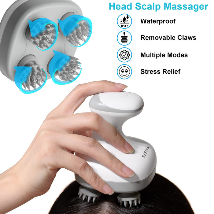 VIVIYA Electric Scalp Massager, Portable Rechargeable Head Massager with 8 Removable Massage Claws, Waterproof Handheld Hair Scalp Scratcher for Full-Body Massage, Hair Growth and Stress Relax