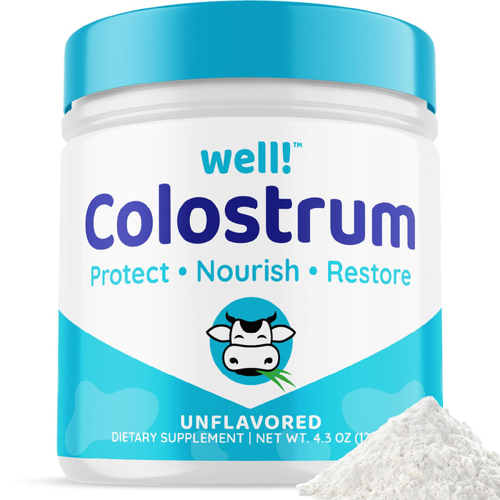 well! Colostrum Supplement for Gut Health, Hair Growth,Beauty & Immune Support - Easy to Mix Grass-Fed Bovine Colostrum Powder - Antioxidants - High IgG Plus ImmunoLin, Unflavored, 60 Servings