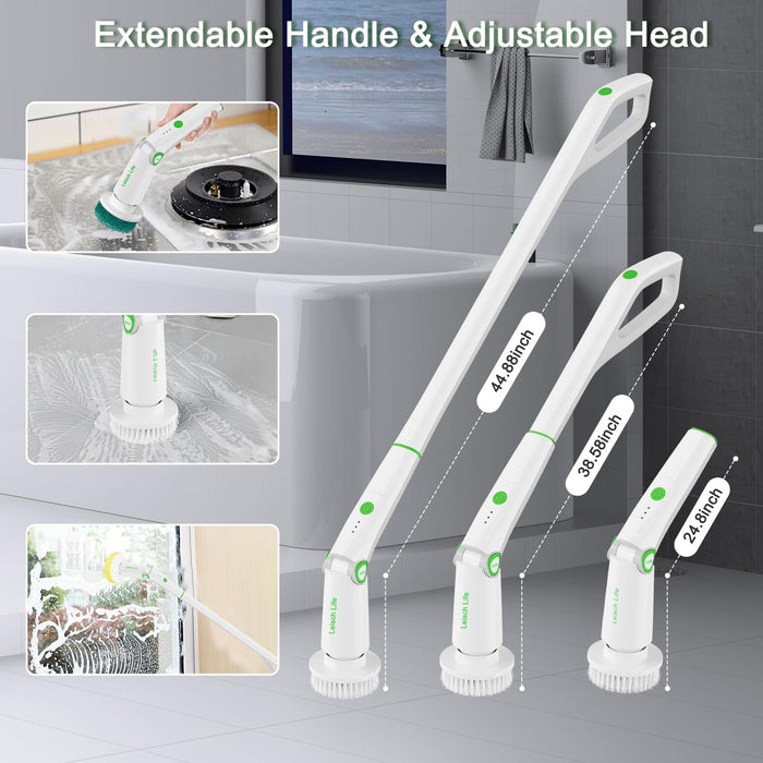 Electric Spin Scrubber,Cordless Cleaning Brush,Shower Scrubber Coming with 8 Replaceable Brush Heads, 3 Adjustable Speeds,Detachable Long Handle,Two Power Buttons,240Mins Working Time