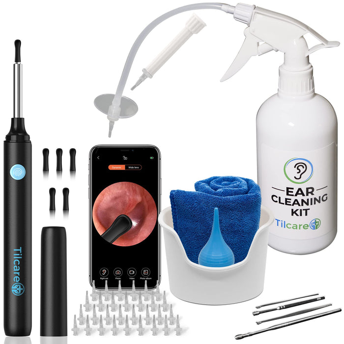 Ear Wax Removal Tool with Ear Camera by Tilcare - Ear Irrigation Flushing System for Adults & Kids - Perfect Ear Cleaning Kit - Includes Basin, Syringe, Curette Kit, Towel and 30 Disposable Tips