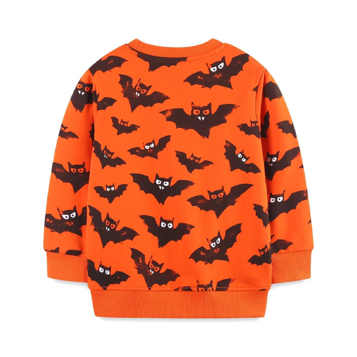 HILEELANG Toddler Boy Orange Sweatshirts Halloween Bat Printed Crewneck Long Sleeve Pullover Cotton Top Sweater Shirts 3T