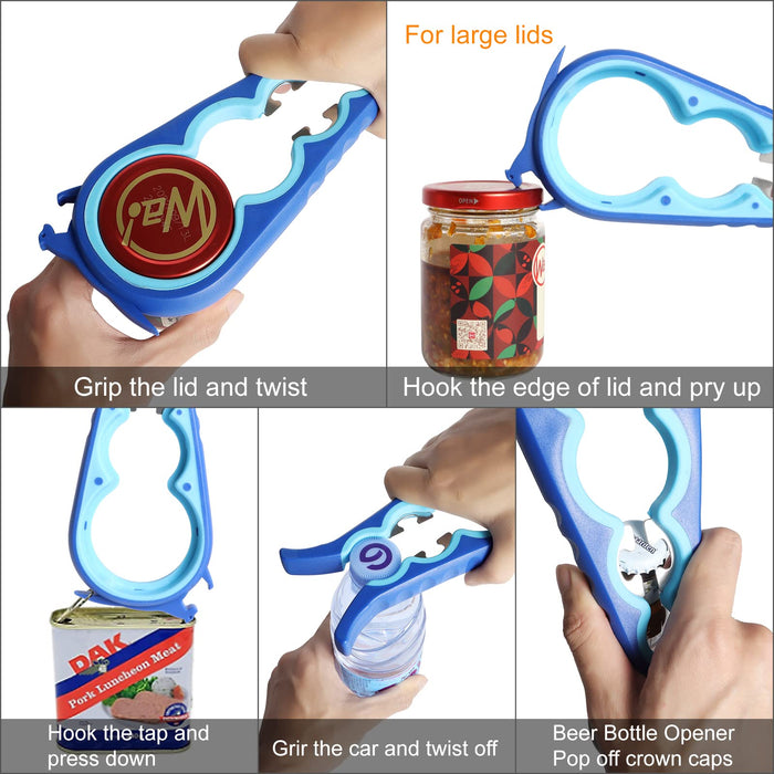 Latest Jar Opener Bottle Opener for Weak Hands, 6 in 1 Multi Function Can Opener Bottle Opener Kit with Silicone Handle Easy to Use for Children, Elderly and Arthritis Sufferers(JAR-Blue3.0)