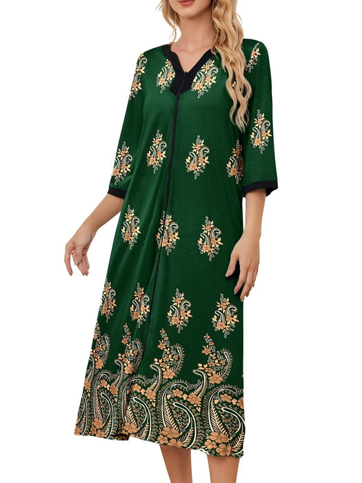 PITINAN House Dresses for Elderly Mumu Dresses Women Leopard House Dress V Neck Nightgown Robe Half Sleeve Loungewear Full Length Sleepwear Zipper Housecoat Green Paisley XXL