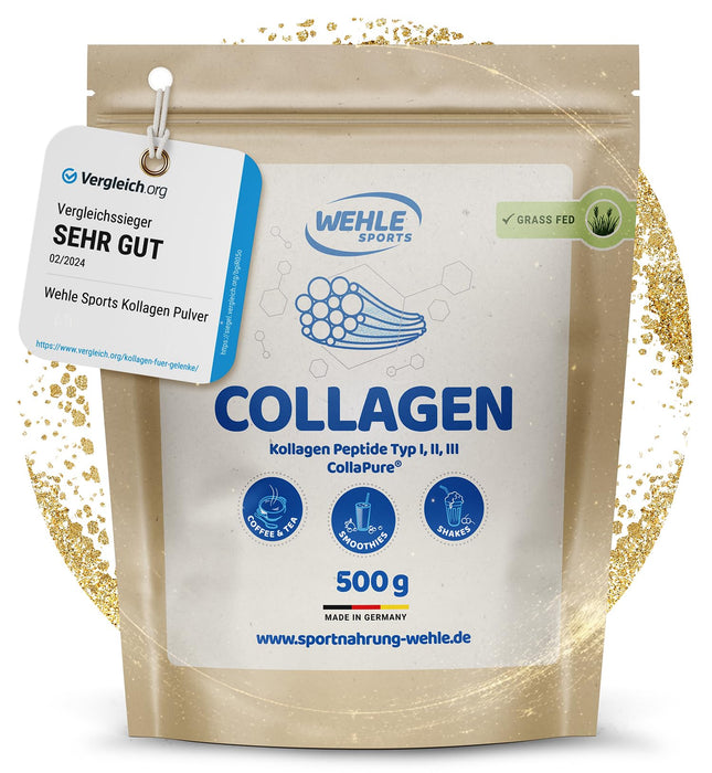 Collagen Powder - Bioactive Collagen Hydrolysate Peptides, Protein Powder, Tasteless, Wehle Sports Made in Germany Collagen Type 1, 2 & 3 Lift Drink (500g (1 Pack))