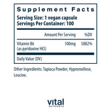 Vital Nutrients - Vitamin B6 - Healthy Nerve and Musculoskeletal Support - 100 Vegetarian Capsules per Bottle - 100 mg