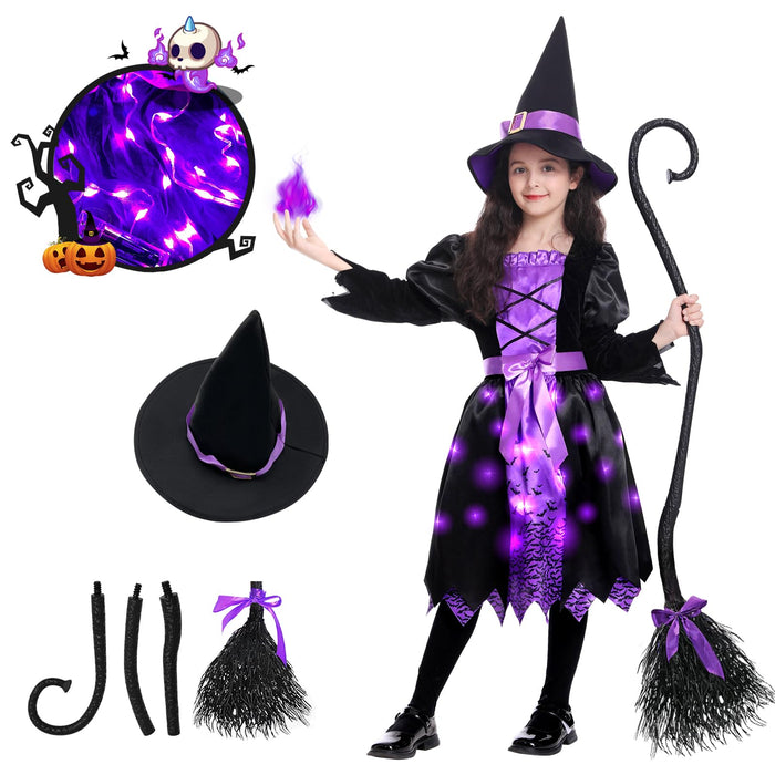 Light Up Halloween Girls Witch Costume, Toddler Witch Dress Set with Hat and Broom, Kids Witch Costumes for Halloween Themed Role-Play Party (Large)