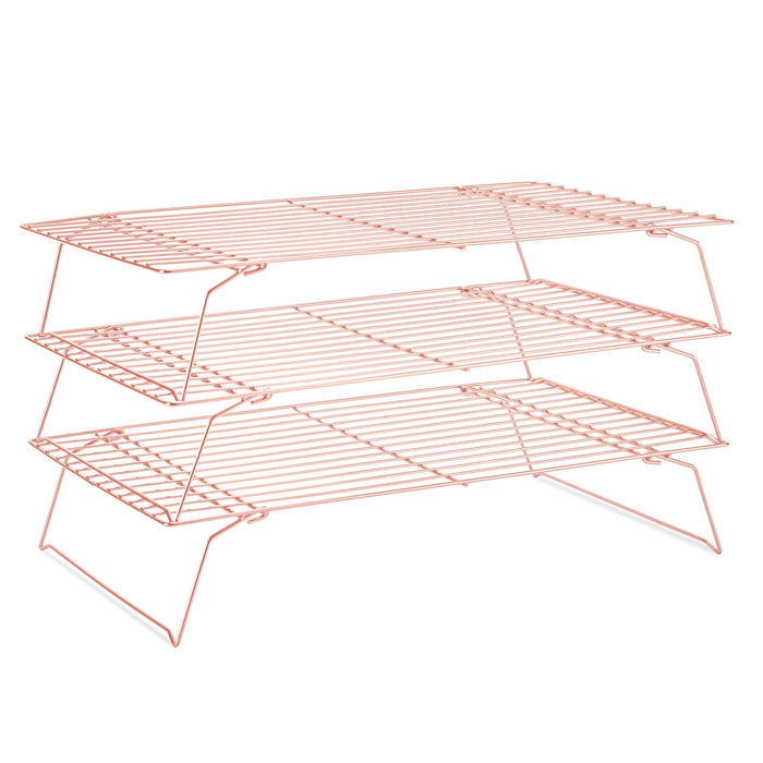 Cooling Rack for Baking 3 Tiers, 16" x 10" Cookie Cooling Wire Rack Stackable Collapsible Nonstick, Stainless Steel Baking Cooking Cooling Racks with Optimum Air Flow, Rose Gold