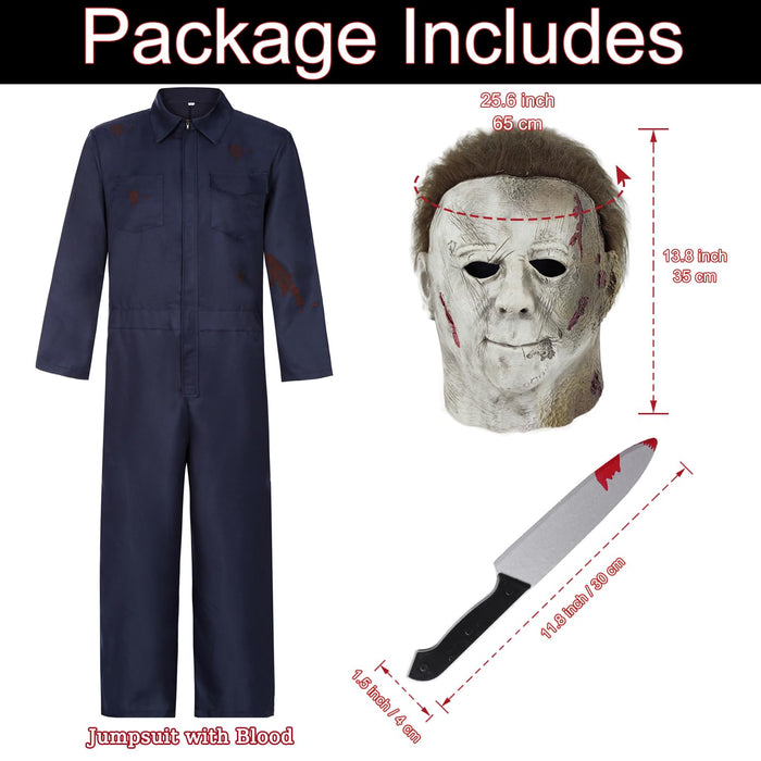 QUJQOM Killer Costume Adult Men with Blood Mask Knife Scary Halloween Costume Coverall Cosplay Jumpsuit Horror Props QM018XXL