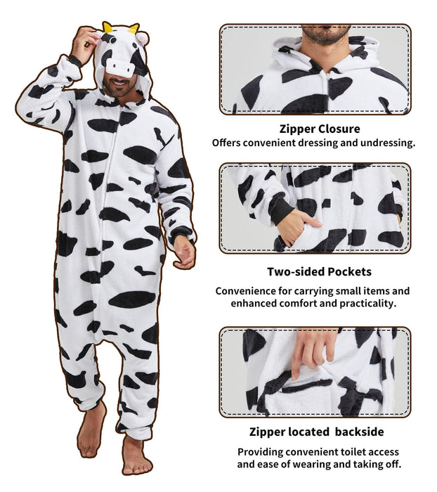 QUCH Adult Onesie Costume-Unisex Animal Onesies for Adults Halloween Costume, Halloween Onesie Adult Onesie Pajamas for Women Cow XL