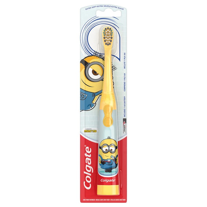 Colgate Kids Battery Powered Toothbrush, Kids Battery Toothbrush with Included AA Battery, Extra Soft Bristles, Flat-Laying Handle to Prevent Rolling, Minion Toothbrush, 1 Pack