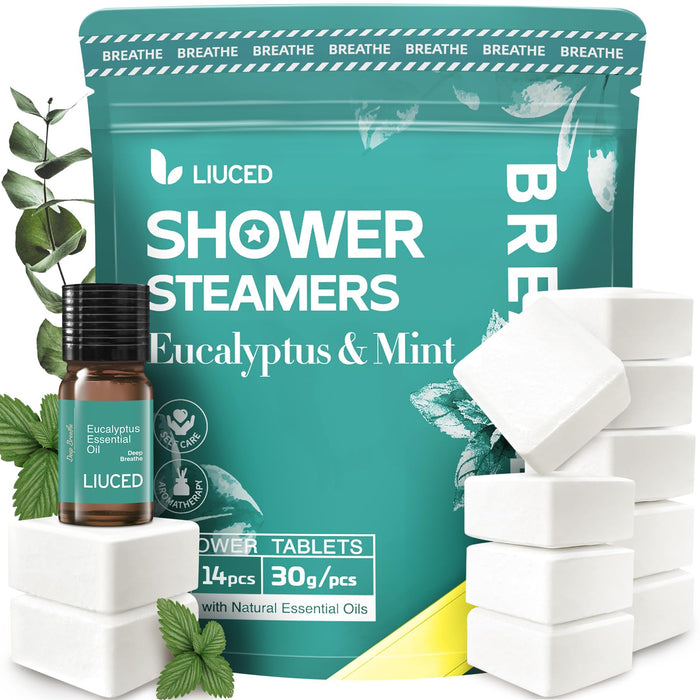 14+1 Shower Steamers - 14 Pack Eucalyptus & Mint Shower Tablets Aromatherapy Pods and 5ml Natural Eucalyptus Essential Oils, Sinus Relief, Stocking Stuffers for Women Men, Gifts for Mom Wife Christmas