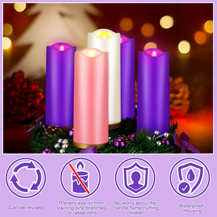 Tioncy 12 Inch Christmas Advent Wreath Candle Holder with 5 Candles Remote Control Purple Ribbon Christmas Wreath Advent Candle Holder Centerpiece Decoration with Berries(Trendy, 8 x 3 x 3 in)