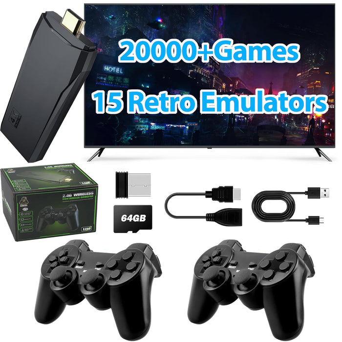 PGYFDAL Upgrade Wireless Retro Game Console Stick Built in 20000+ Games with 15 Emulators, 4K HDMI Output Nostalgia Plug & Play Retro Gaming Stick with Dual 2.4G Wireless Controllers（32GB）