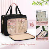 Wedama Toiletry Bag for Women, Hanging Travel Toiletry Bag with Jewelry Organizer Compartment Large Makeup Bag, PVC Waterproof Cosmetic Travel Bag Trips Camping Bathroom, Black+Pink