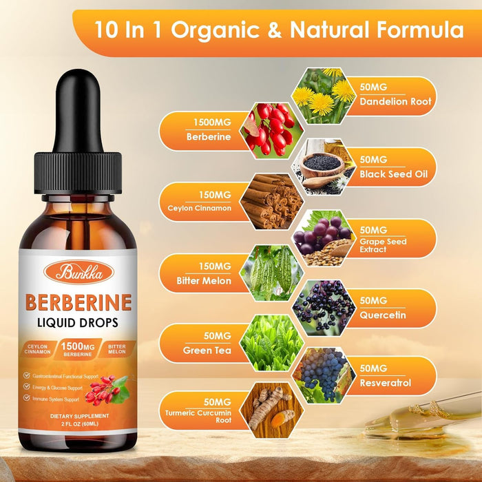 (2 Pack) Berberine Supplement, 1500mg Organic Berberine Liquid Drops with Ceylon Cinnamon, Bitter Melon, Sugar-Free & Vegan Supplement Supports Immune System & Gastrointestinal Care - 4 FL Oz